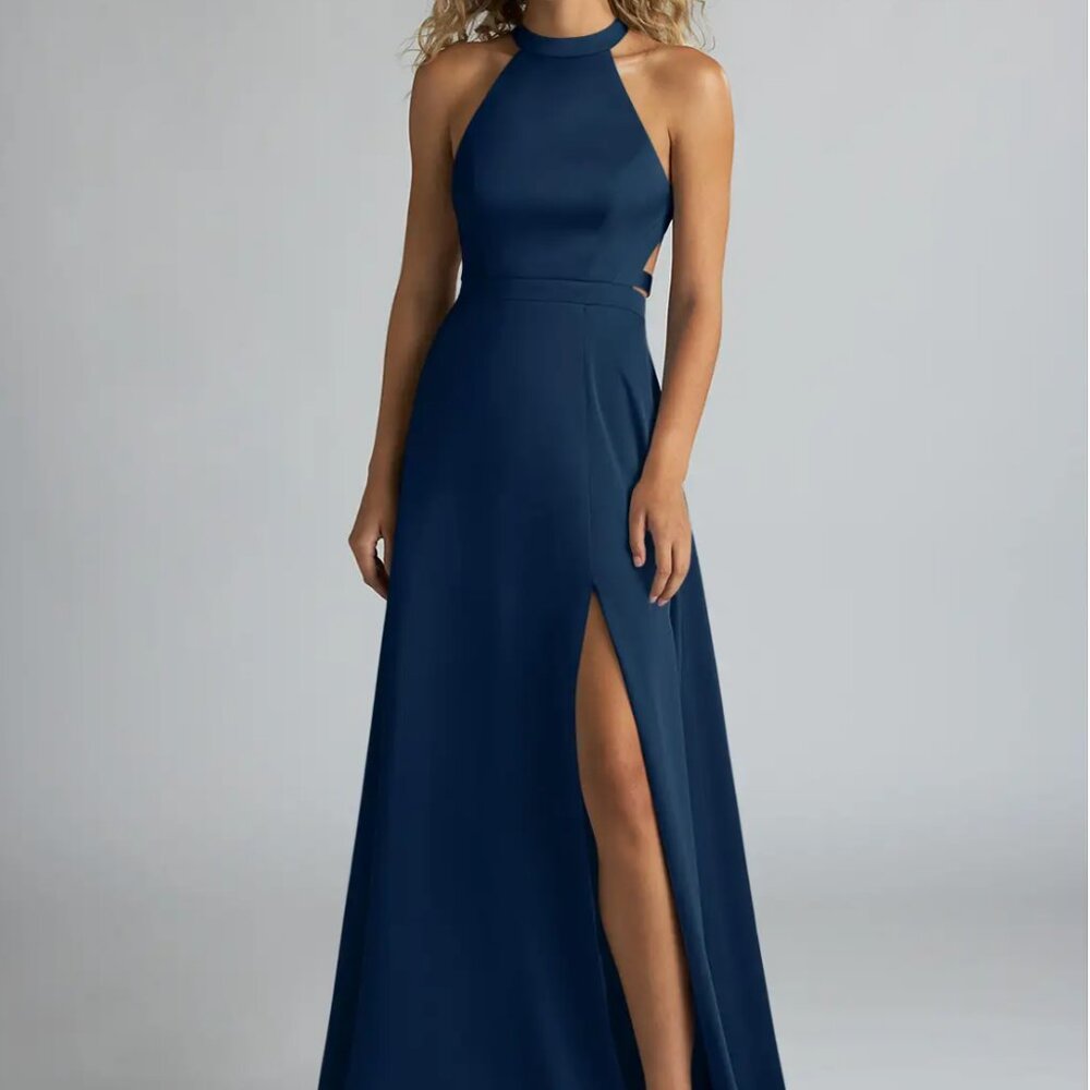 Azazie Clarice Stretch Dark Navy A-Line High Neck Stretch Satin Dress
